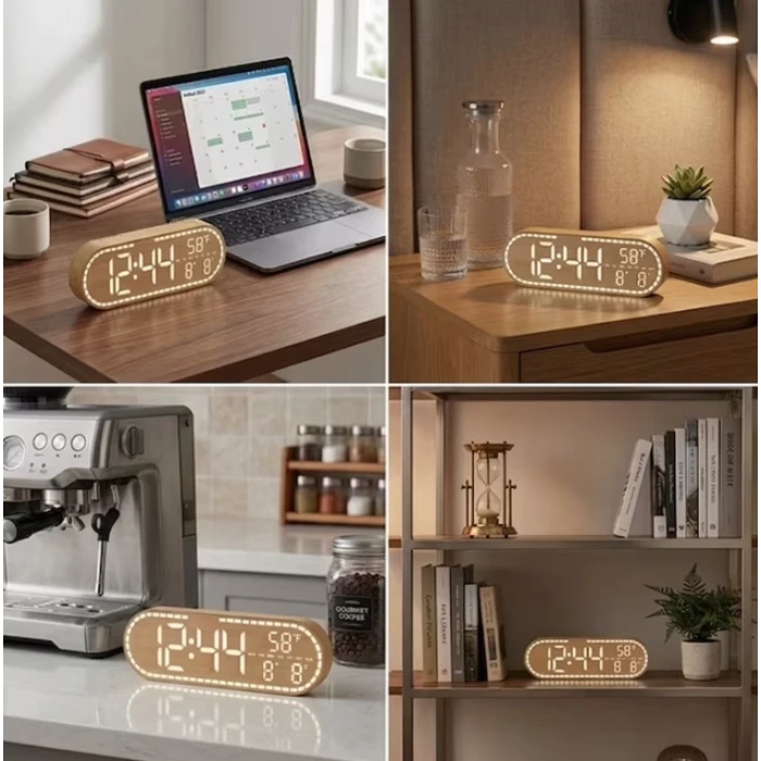 Ceas digital de birou 8053, LED, alarmă și temperatură, aspect lemn