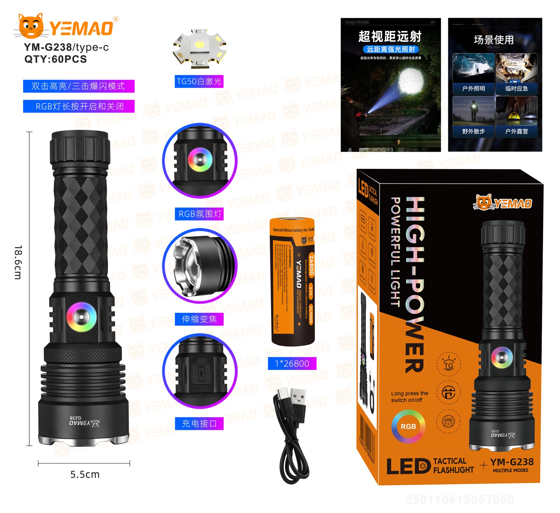 Lanterna YEMAO YM-G238 TG 50W, Type-C, Zoom