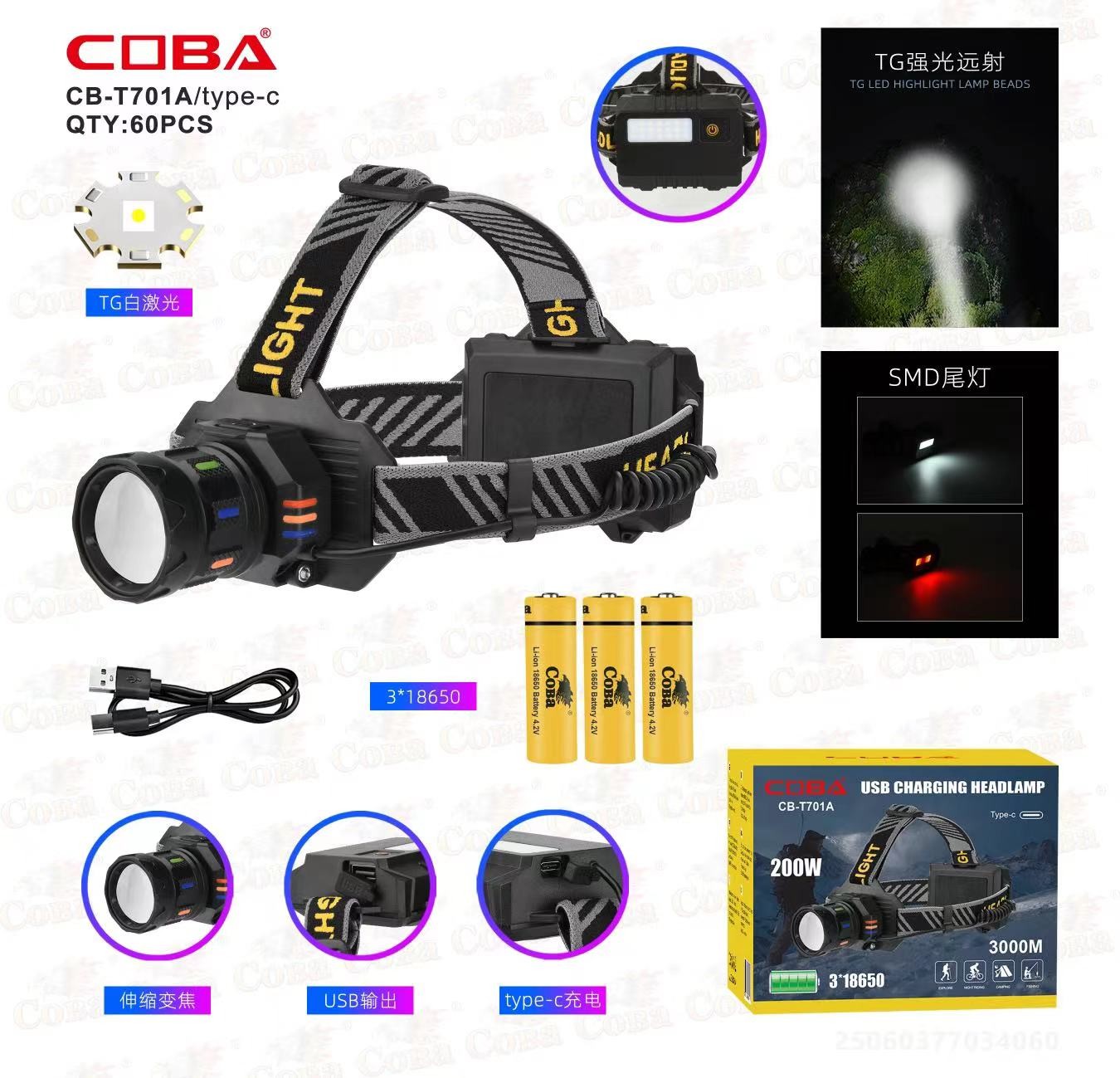 Lanterna de cap COBA CB-T701A-TG