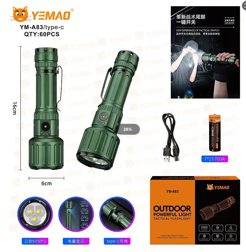 Lanternă LED YEMAO YM-A83, reîncărcabilă prin USB-C, 5000 lumeni, verde