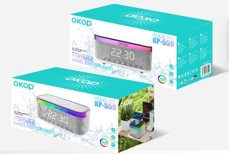 Boxă OKOP KP-559 cu ceas, Bluetooth și încărcare wireless