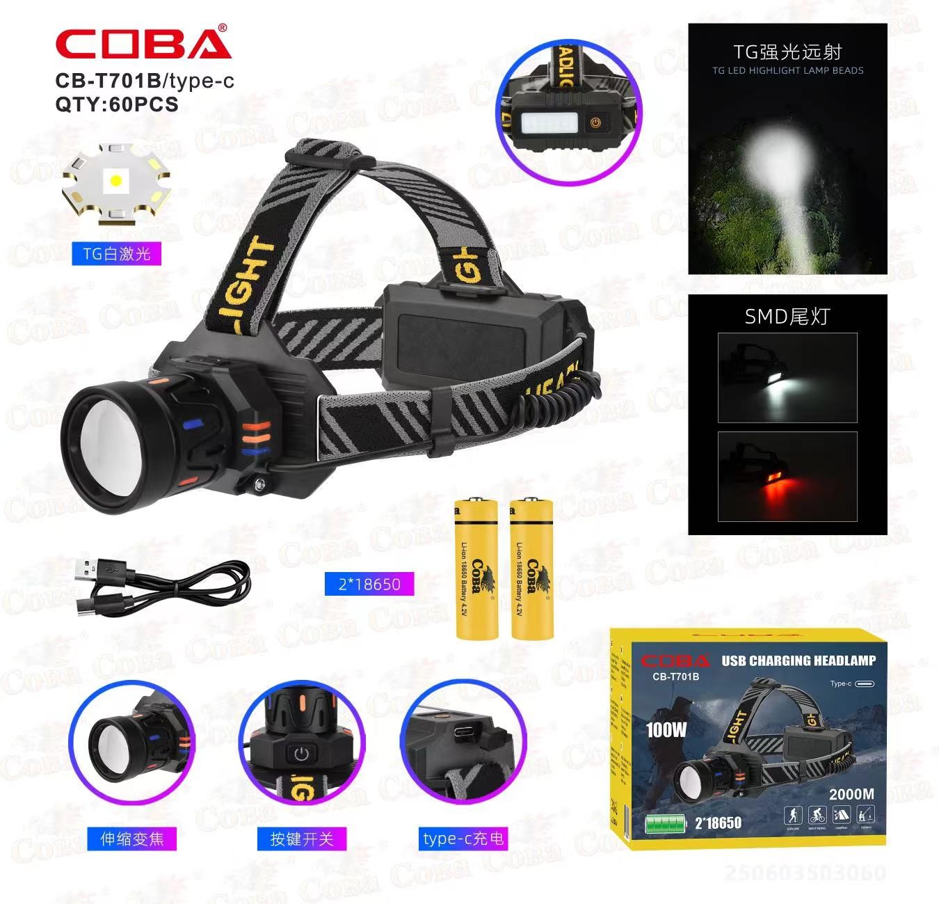 Lanterna de cap COBA CB-701B-TG