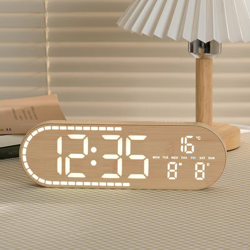 Ceas digital de birou 8053, LED, alarmă și temperatură, aspect lemn